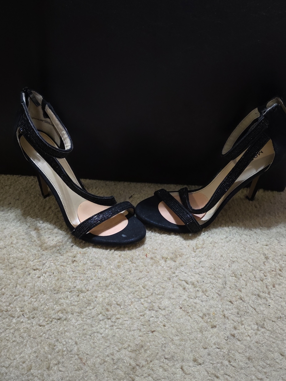 Maripe Black Ankle-Strap Stiletto Sandals with Glitter Straps